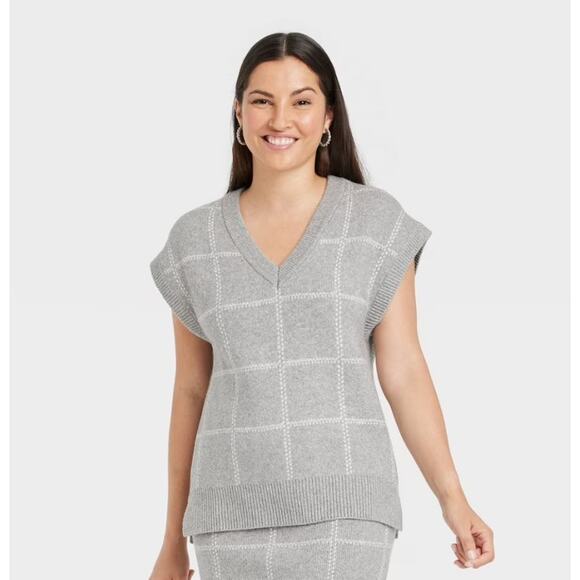 A New Day Women's V-Neck Windowpane Oversized Sweater Vest Size L Gray White - Picture 1 of 8